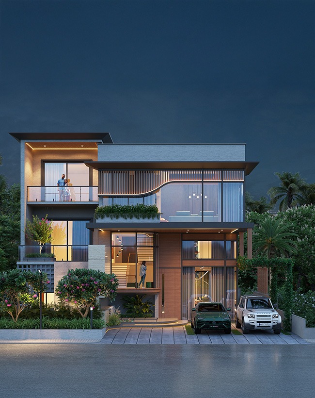 Villa Facade at Dusk